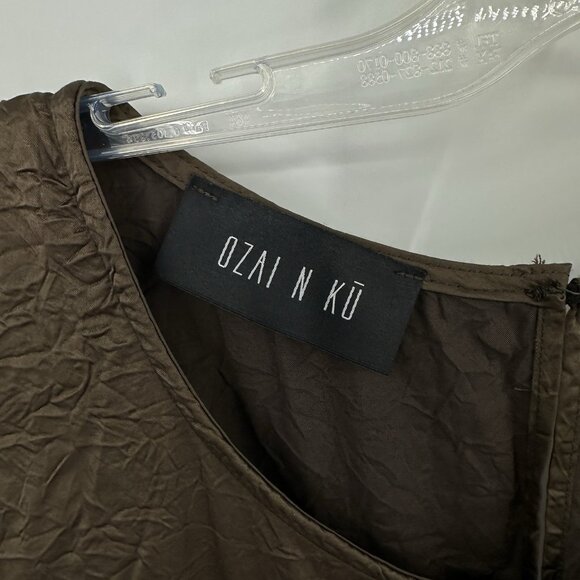 OZAI N KU shirt top tank tunic asymmetrical lagenlook crinkle satin brown L - Picture 5 of 7